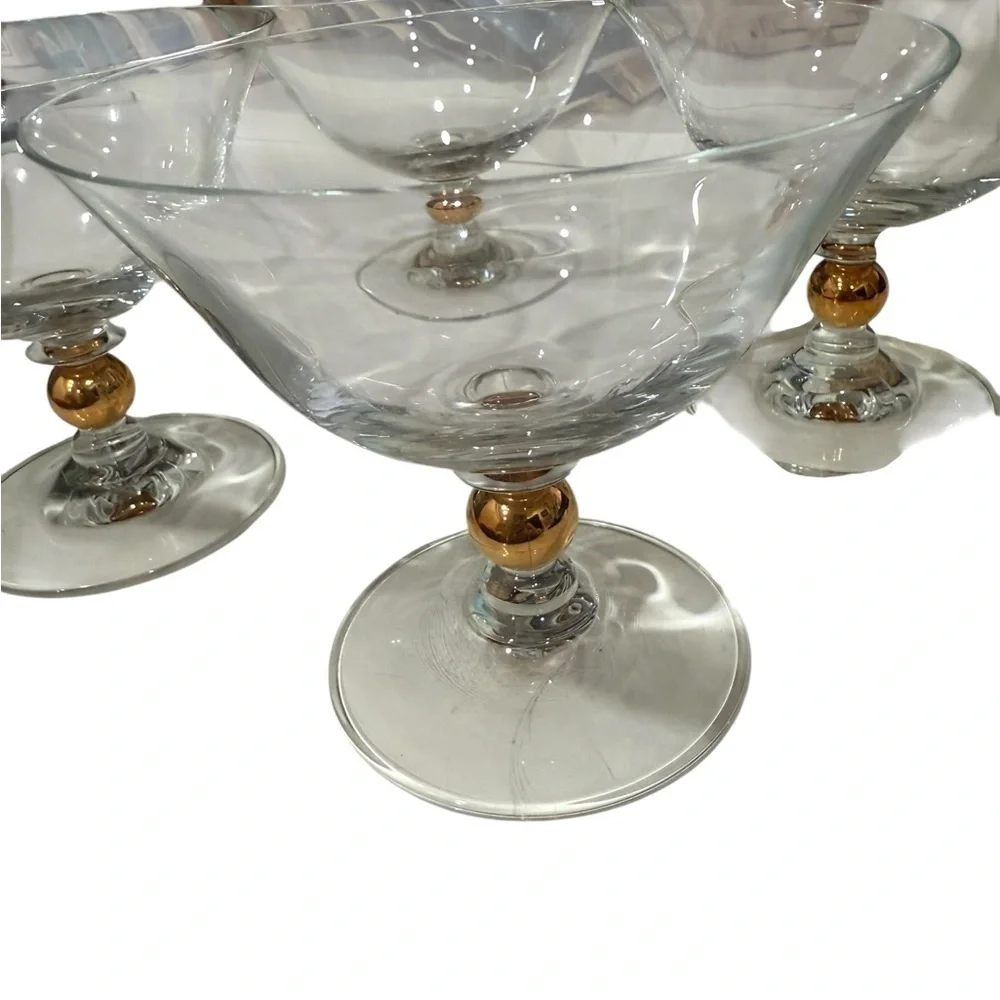 Vintage Lot of 4 MCM Glass Champagne Coupes with Gold Ball on Stem 5 inches wide
